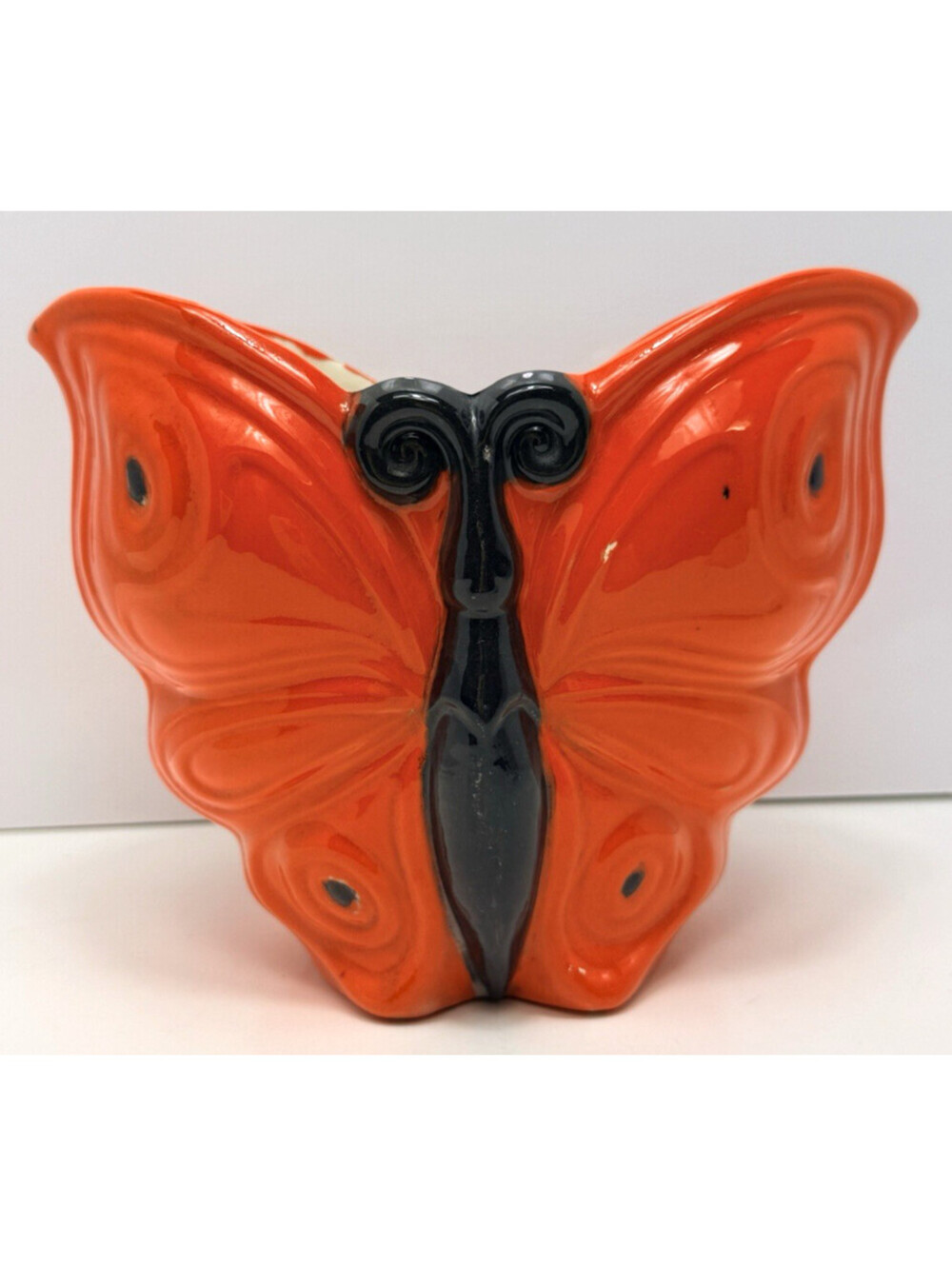 Vtg Groovy Orange Butterfly Shape Vase Ceramic Glazed Handmade 1978 70s